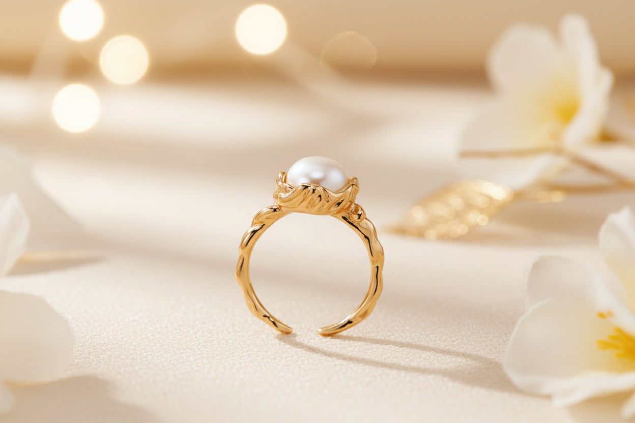 S925 Sterling Silver Natural Pearl Ring – Vintage Gold / Platinum Adjustable Ring