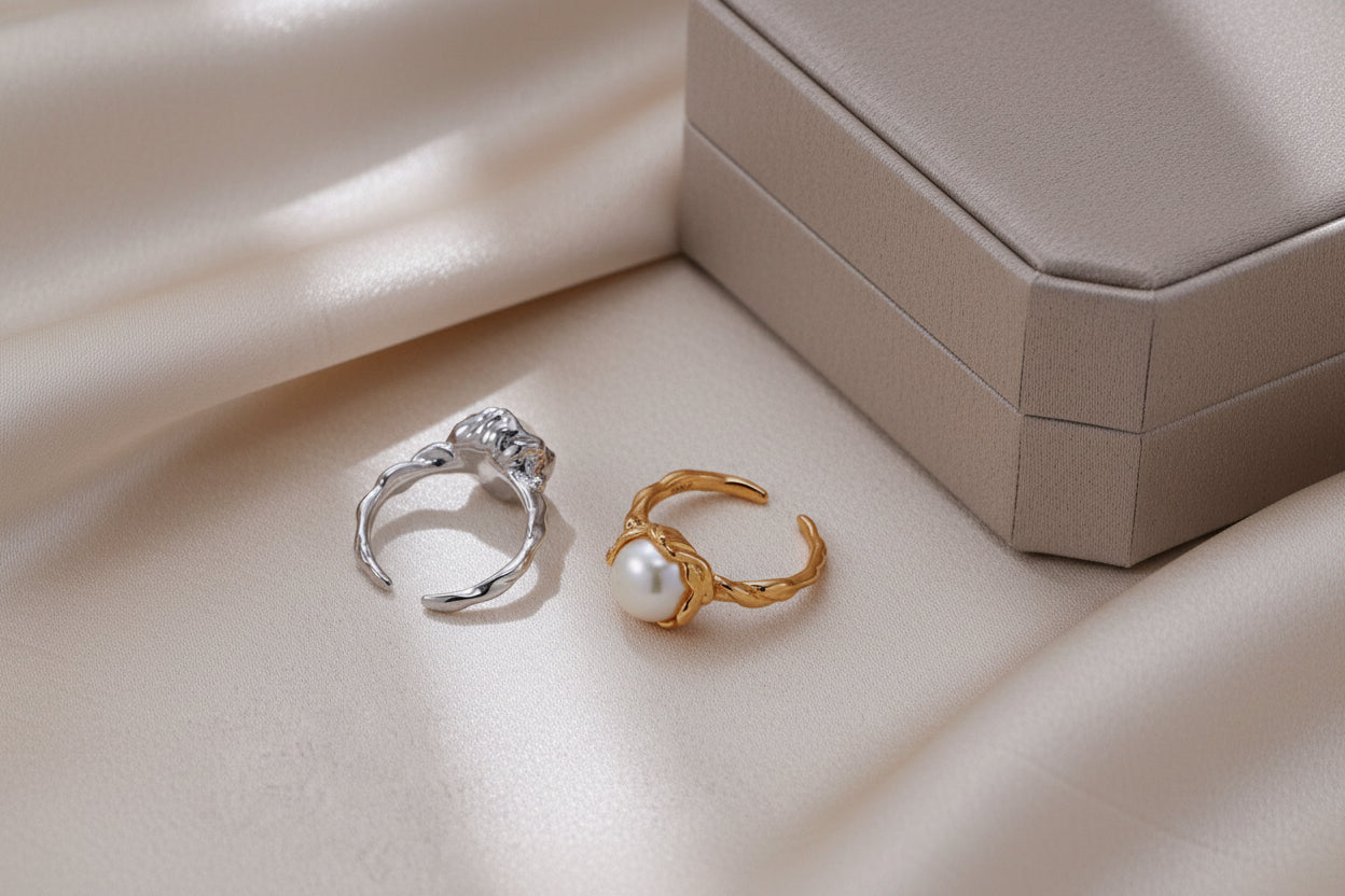 S925 Sterling Silver Natural Pearl Ring – Vintage Gold / Platinum Adjustable Ring
