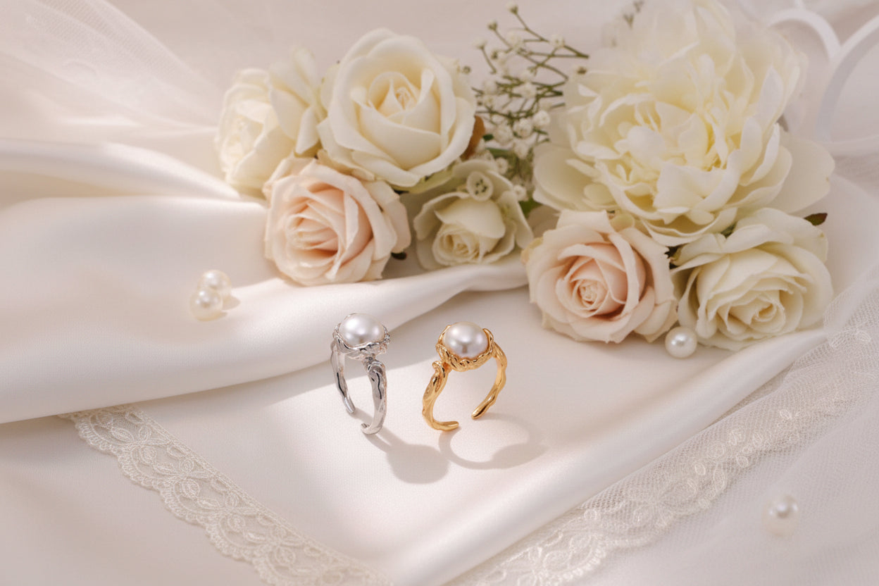 S925 Sterling Silver Natural Pearl Ring – Vintage Gold / Platinum Adjustable Ring