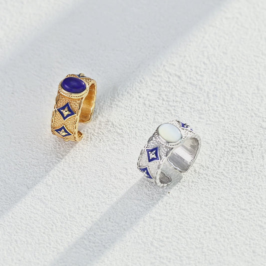 S925 Vintage Lapis Lazuli Enamel Adjustable Ring