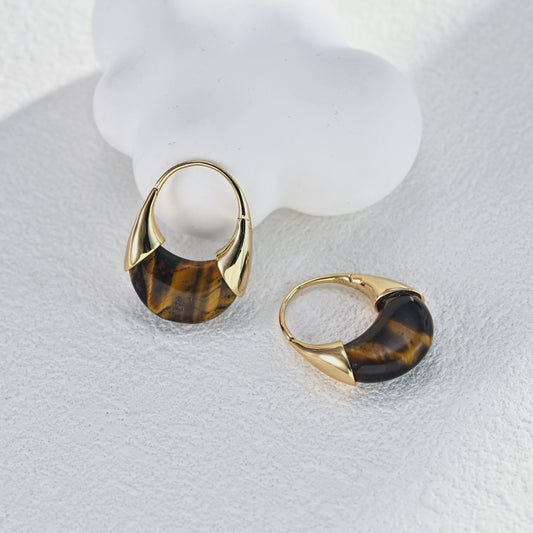 Vintage Gold Tiger Eye Hoop Earrings | S925 Sterling Silver | For Larger Piercings