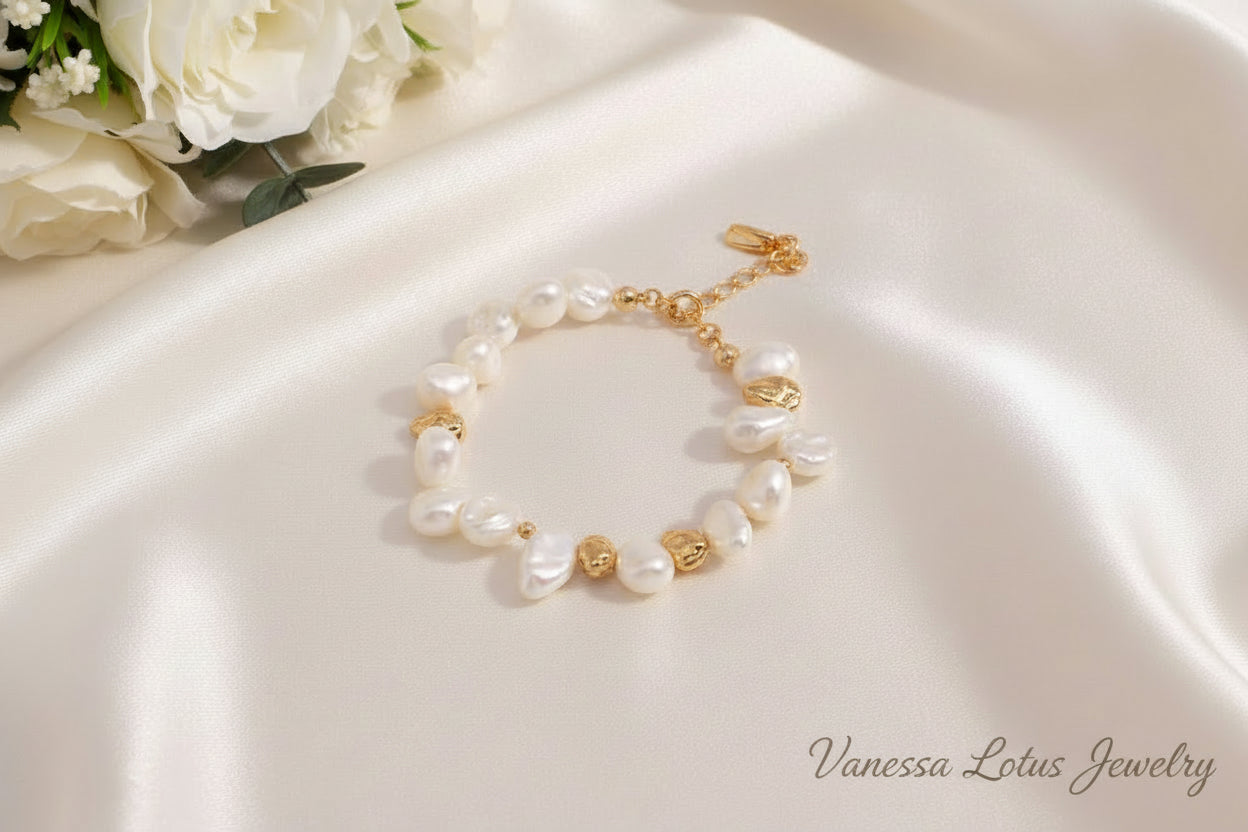 Vintage Gold Natural Pearl Necklace & Bracelet Set – S925 Sterling Silver Freshwater Pearl Jewelry Set