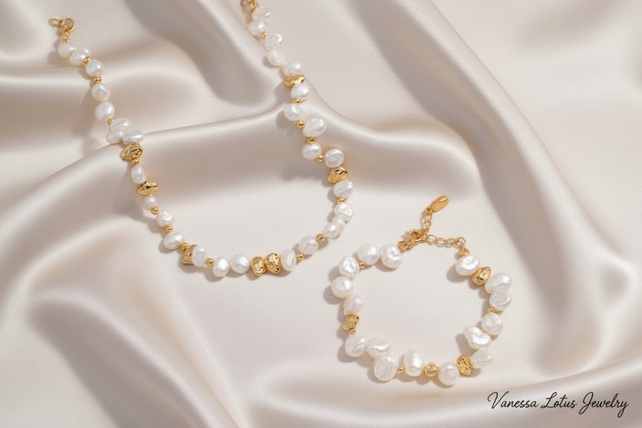 Vintage Gold Natural Pearl Necklace & Bracelet Set – S925 Sterling Silver Freshwater Pearl Jewelry Set