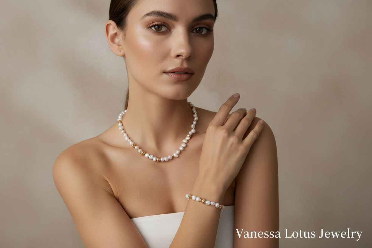 Vintage Gold Natural Pearl Necklace & Bracelet Set – S925 Sterling Silver Freshwater Pearl Jewelry Set