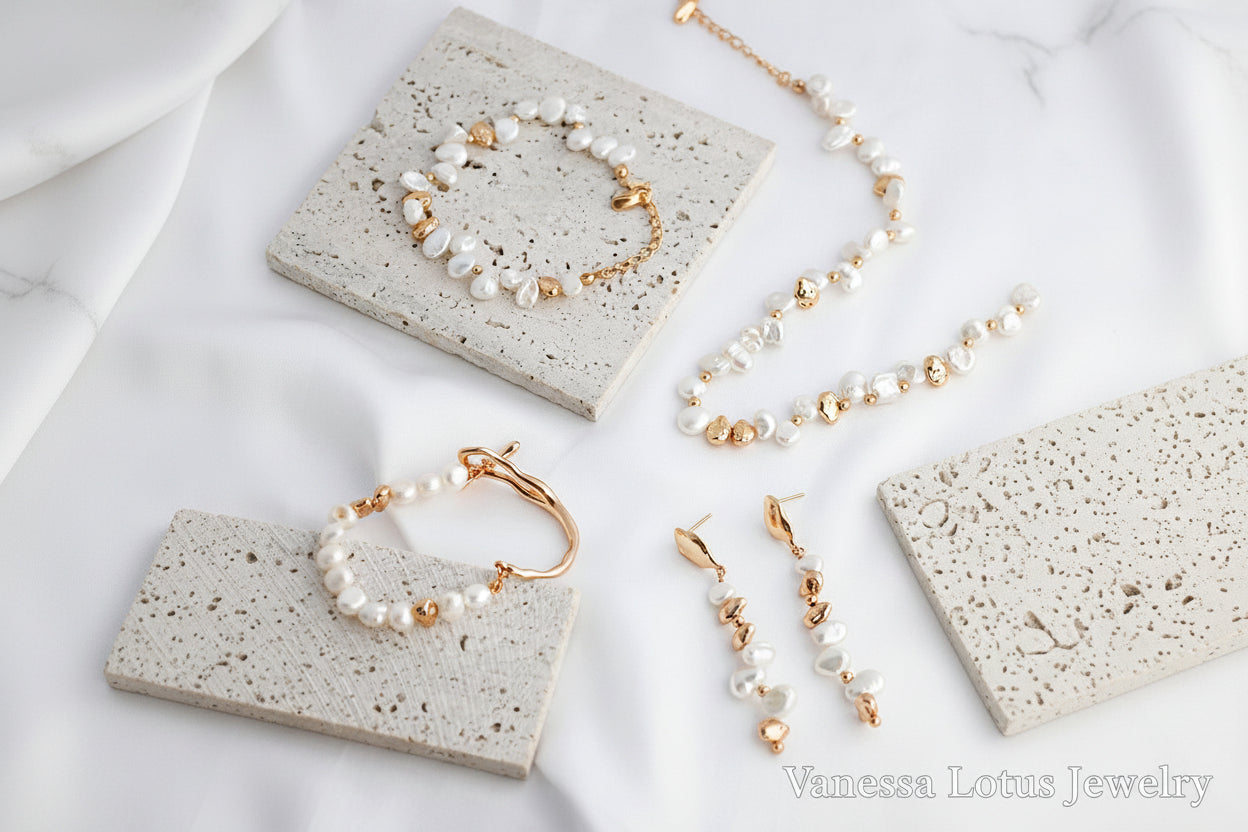 Vintage Gold Natural Pearl Necklace & Bracelet Set – S925 Sterling Silver Freshwater Pearl Jewelry Set