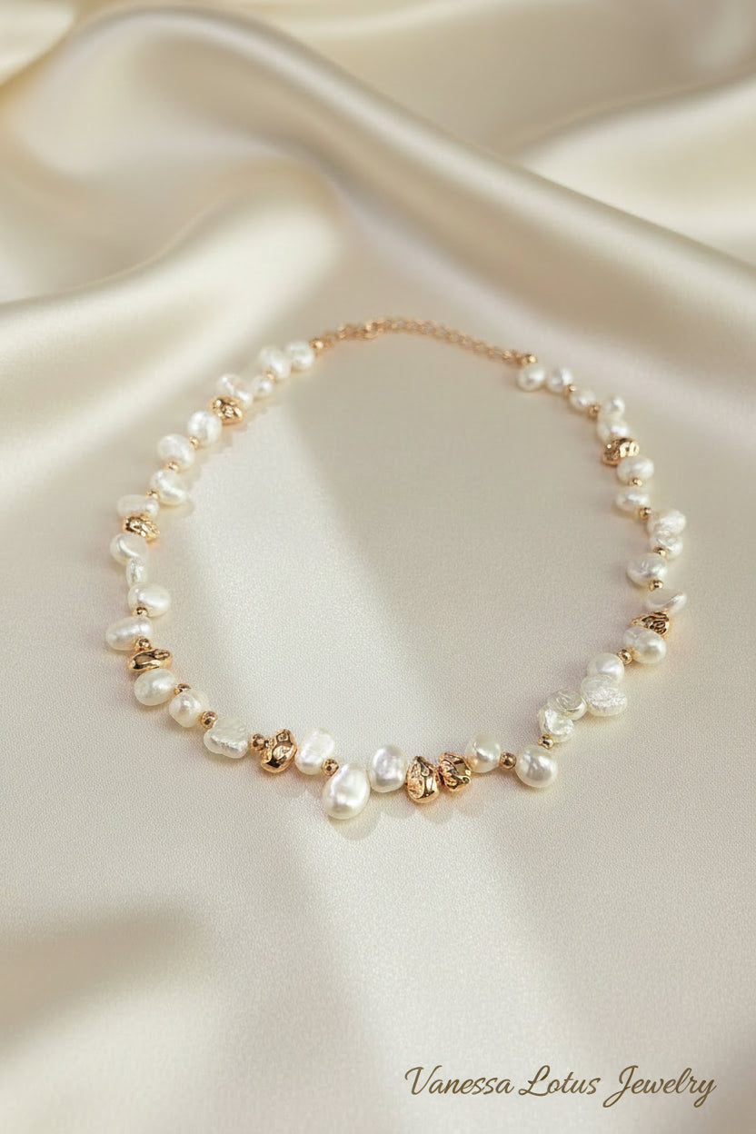 Vintage Gold Natural Pearl Necklace & Bracelet Set – S925 Sterling Silver Freshwater Pearl Jewelry Set