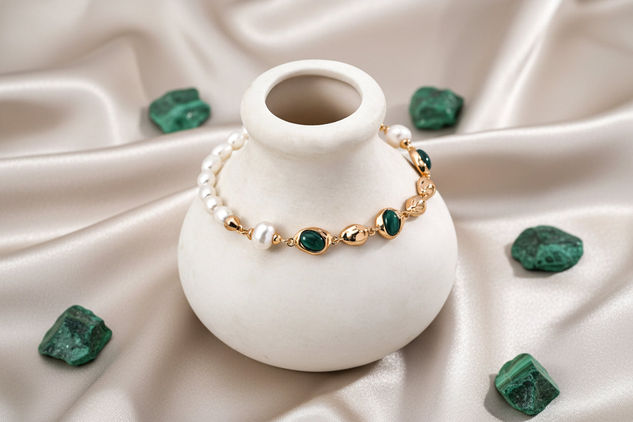 Vintage Gold Pearl & Malachite Adjustable Bracelet | S925 Sterling Silver