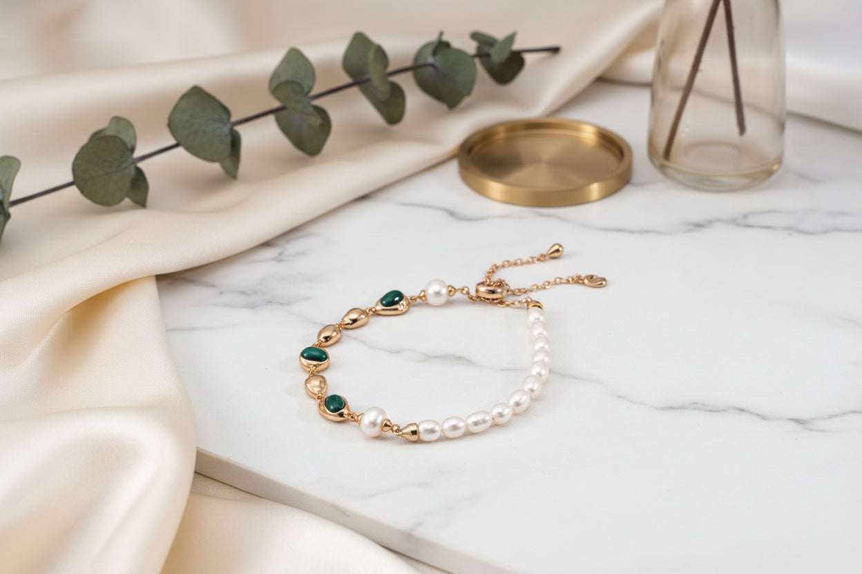 Vintage Gold Pearl & Malachite Adjustable Bracelet | S925 Sterling Silver