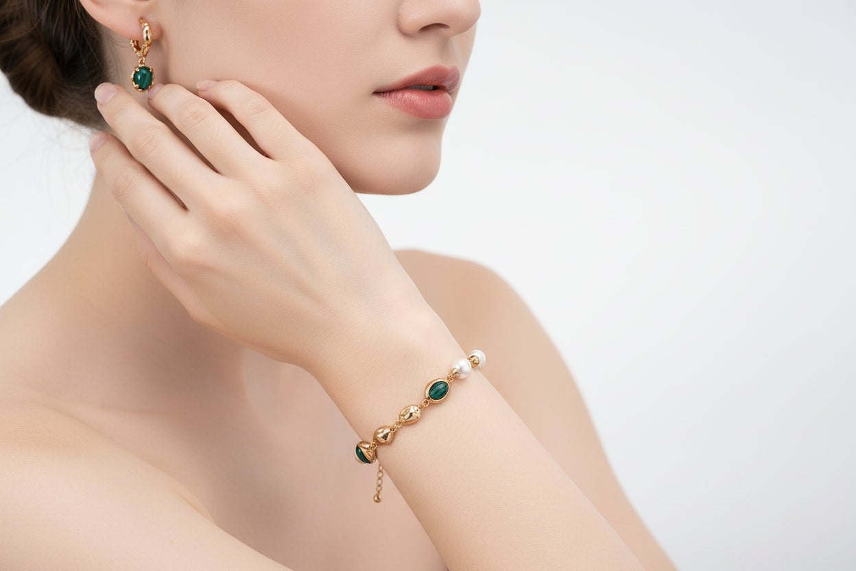 Vintage Gold Pearl & Malachite Adjustable Bracelet | S925 Sterling Silver