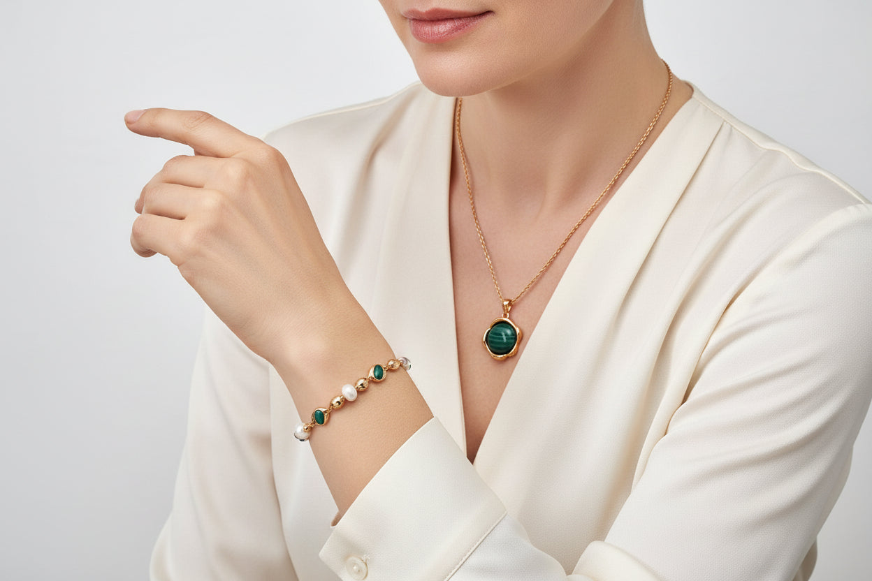 Vintage Gold Pearl & Malachite Adjustable Bracelet | S925 Sterling Silver