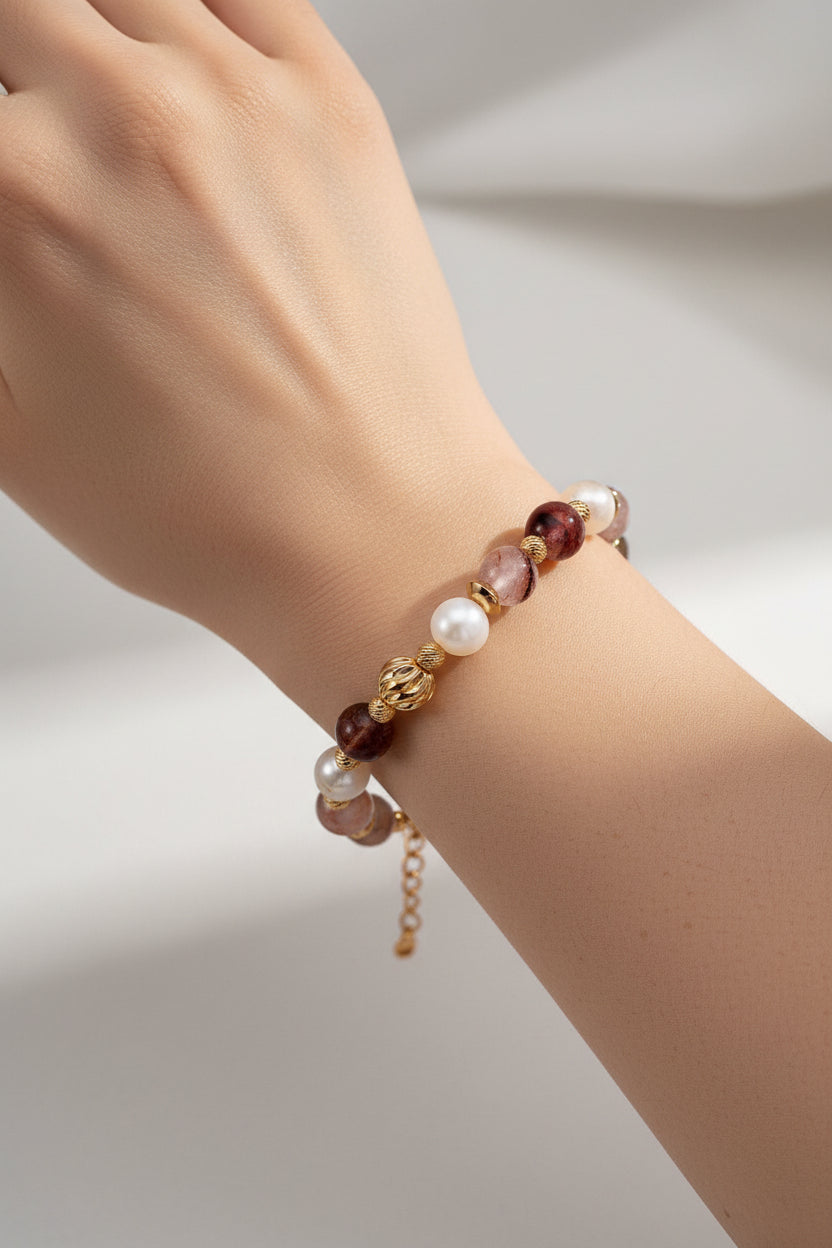 Red Hematoid Quartz (Fire Quartz) Pearl Beaded Bracelet – Vintage Gold S925 Sterling Silver Adjustable Gemstone Bracelet