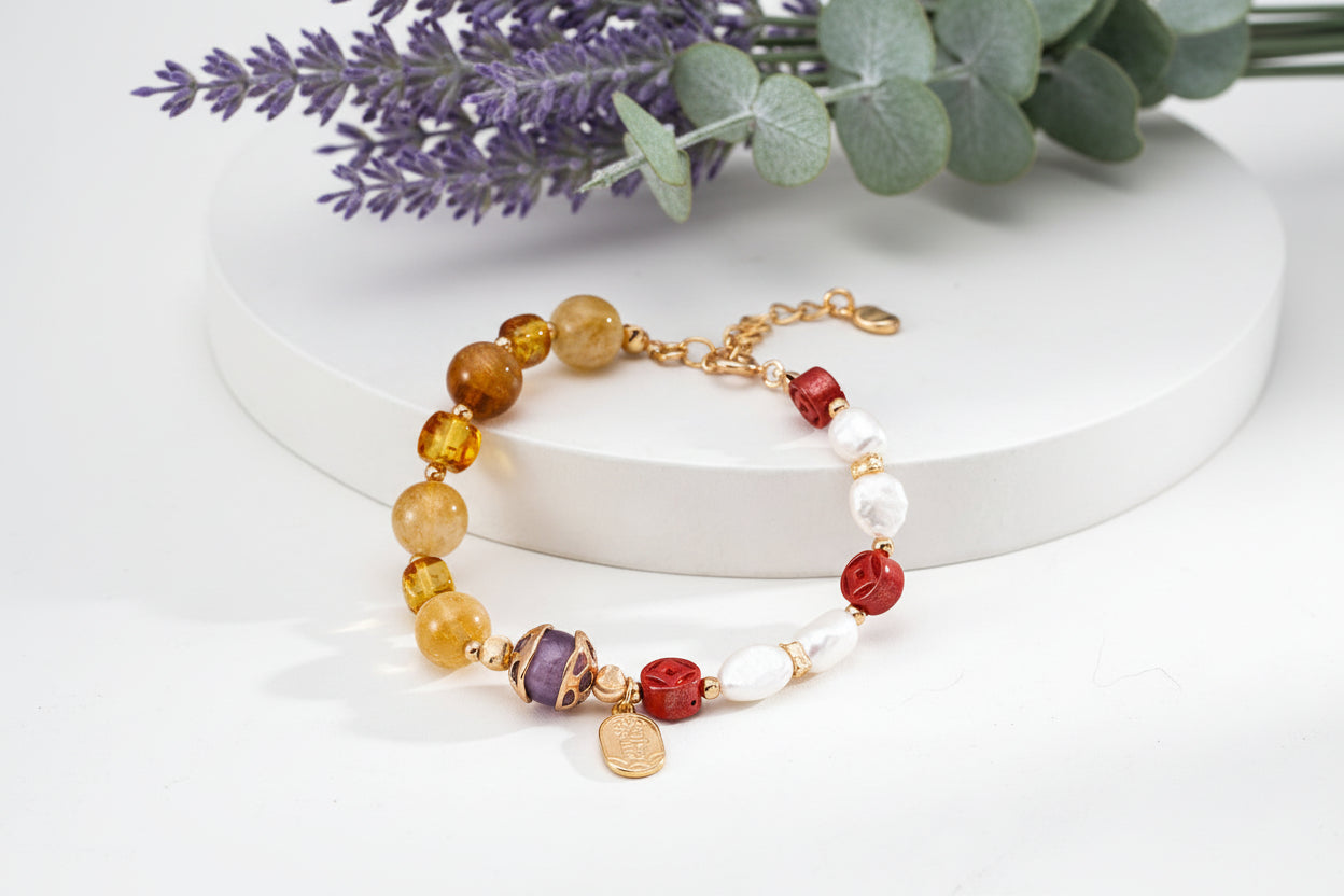 Vintage Gold Multi-Gem Pearl Bracelet | S925 Silver