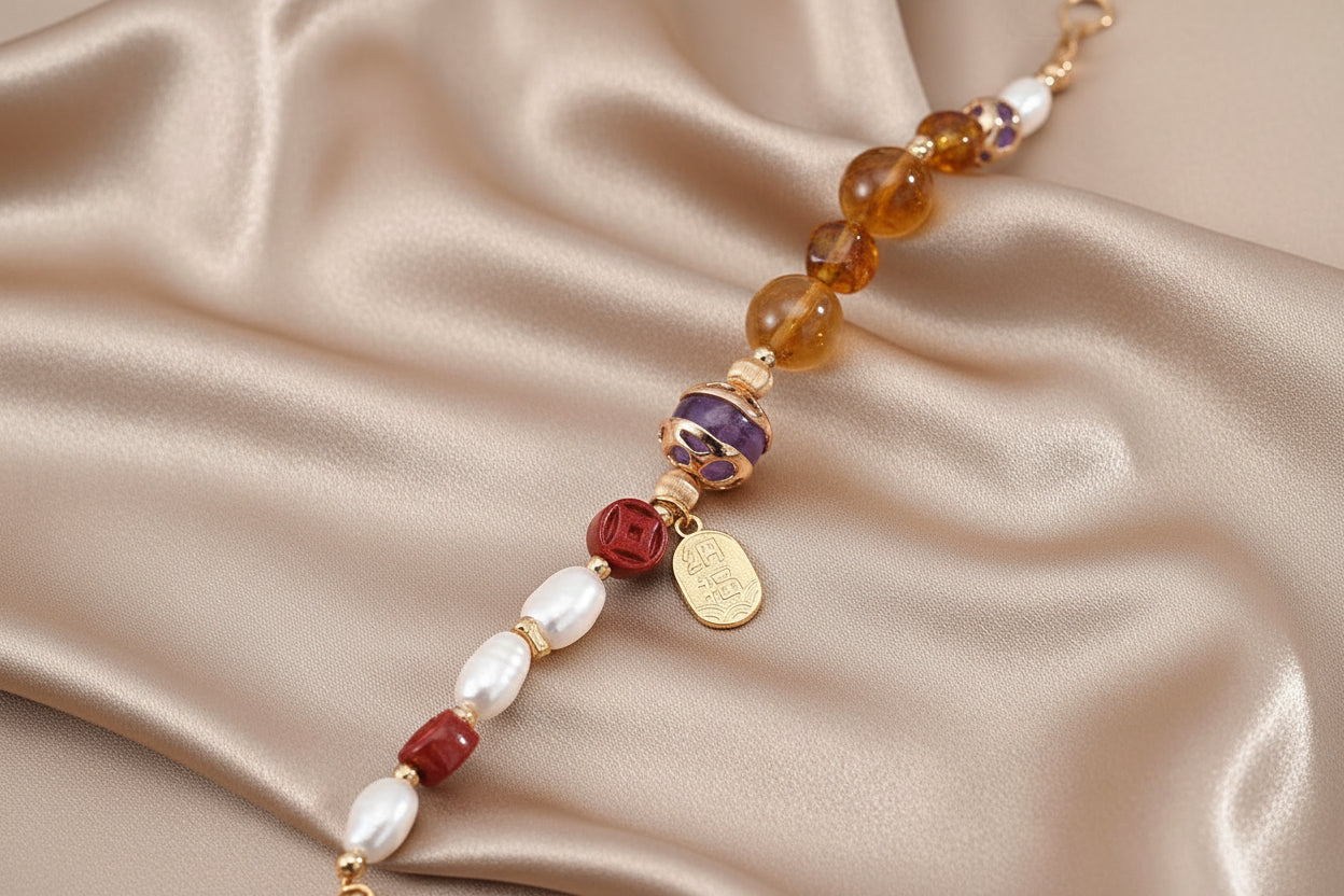 Vintage Gold Multi-Gem Pearl Bracelet | S925 Silver