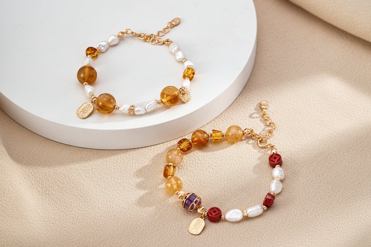 Vintage Gold Multi-Gem Pearl Bracelet | S925 Silver