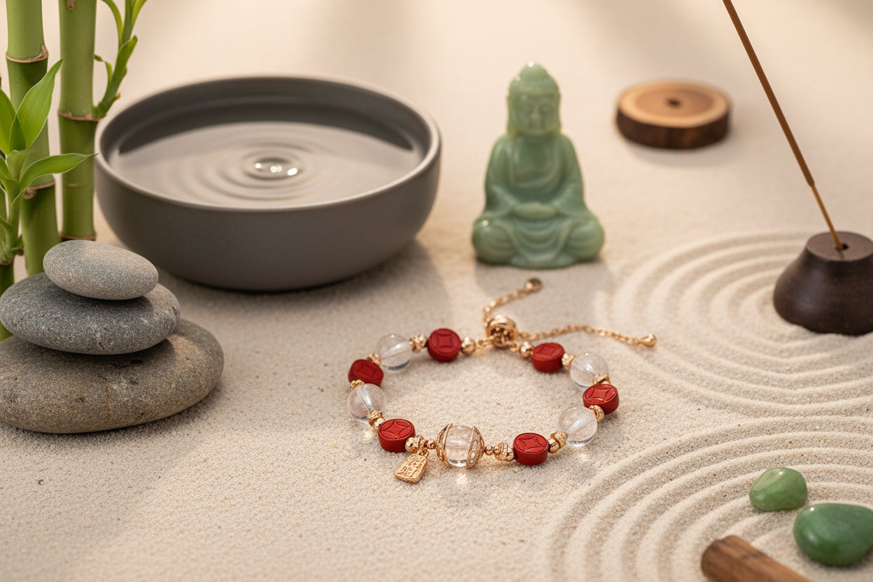Cinnabar Coin & White Crystal Beaded Bracelet - S925 Sterling Silver Adjustable Lucky Wealth Feng Shui Bracelet