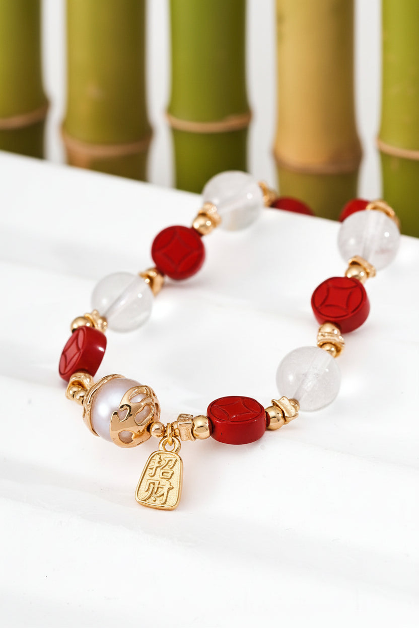 Cinnabar Coin & White Crystal Beaded Bracelet - S925 Sterling Silver Adjustable Lucky Wealth Feng Shui Bracelet