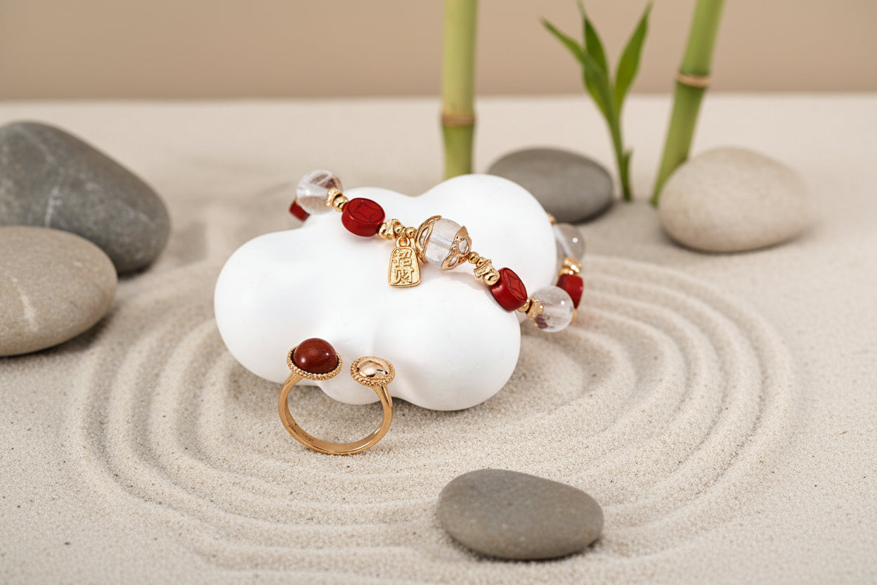 Cinnabar Coin & White Crystal Beaded Bracelet - S925 Sterling Silver Adjustable Lucky Wealth Feng Shui Bracelet