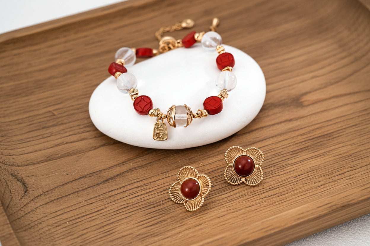 Cinnabar Coin & White Crystal Beaded Bracelet - S925 Sterling Silver Adjustable Lucky Wealth Feng Shui Bracelet