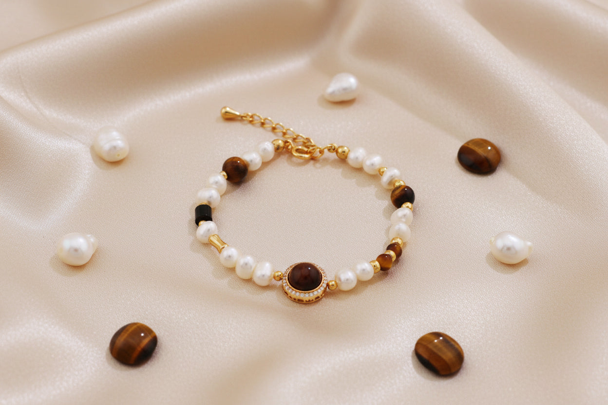 Vintage Pearl & Tiger Eye Bracelet – S925 Silver, Retro Gold Beaded Bracelet