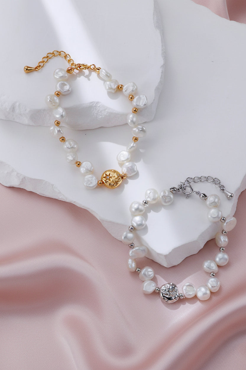 Vintage Baroque Pearl Charm Bracelet - S925 Sterling Silver, Retro Gold / Platinum Finish, Adjustable 16+3cm