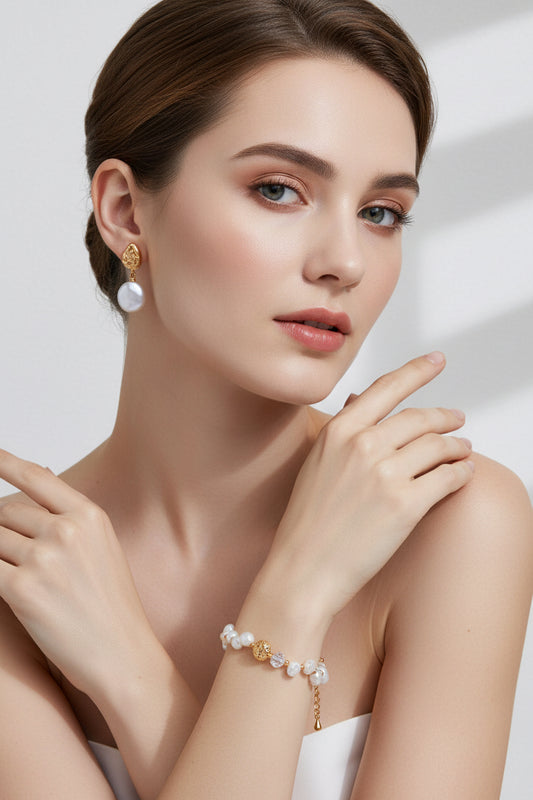 Vintage Baroque Pearl Charm Bracelet - S925 Sterling Silver, Retro Gold / Platinum Finish, Adjustable 16+3cm