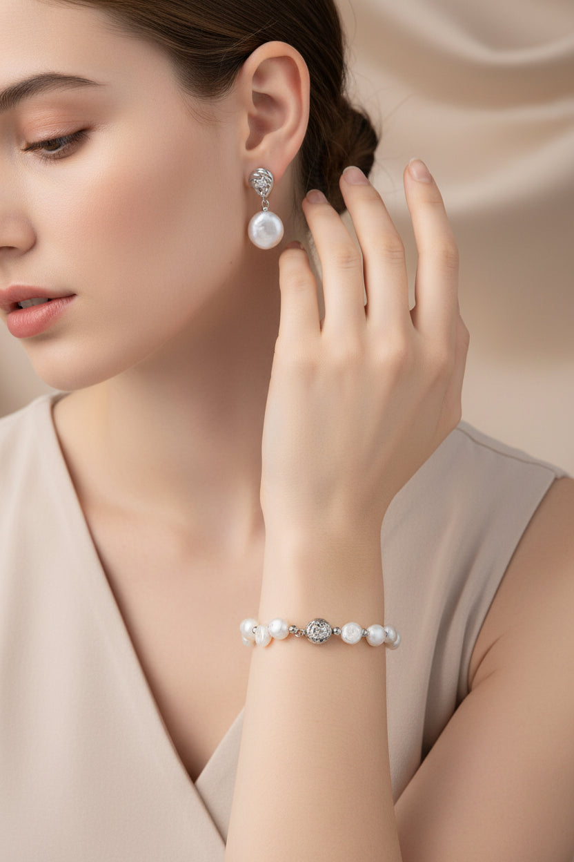 Vintage Baroque Pearl Charm Bracelet - S925 Sterling Silver, Retro Gold / Platinum Finish, Adjustable 16+3cm