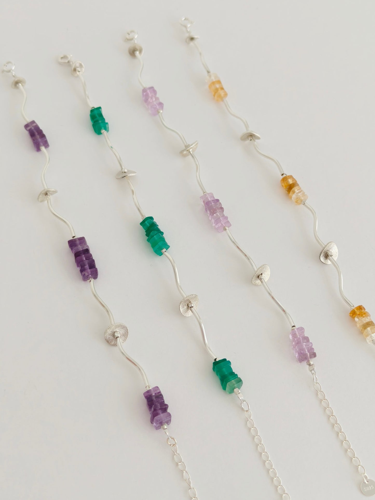 Handmade Silver Gemstone Bracelet – Rose Quartz, Citrine, Green Chalcedony, Amethyst | Adjustable Artisan Bracelet