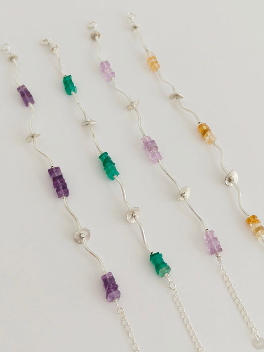 Handmade Silver Gemstone Bracelet – Rose Quartz, Citrine, Green Chalcedony, Amethyst | Adjustable Artisan Bracelet