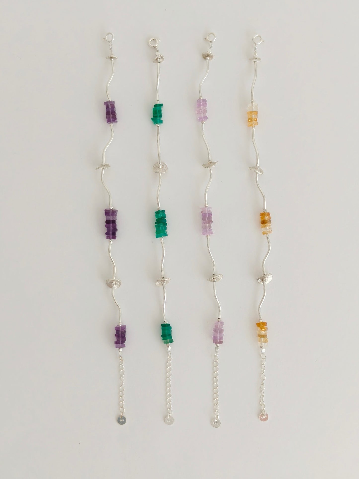 Handmade Silver Gemstone Bracelet – Rose Quartz, Citrine, Green Chalcedony, Amethyst | Adjustable Artisan Bracelet