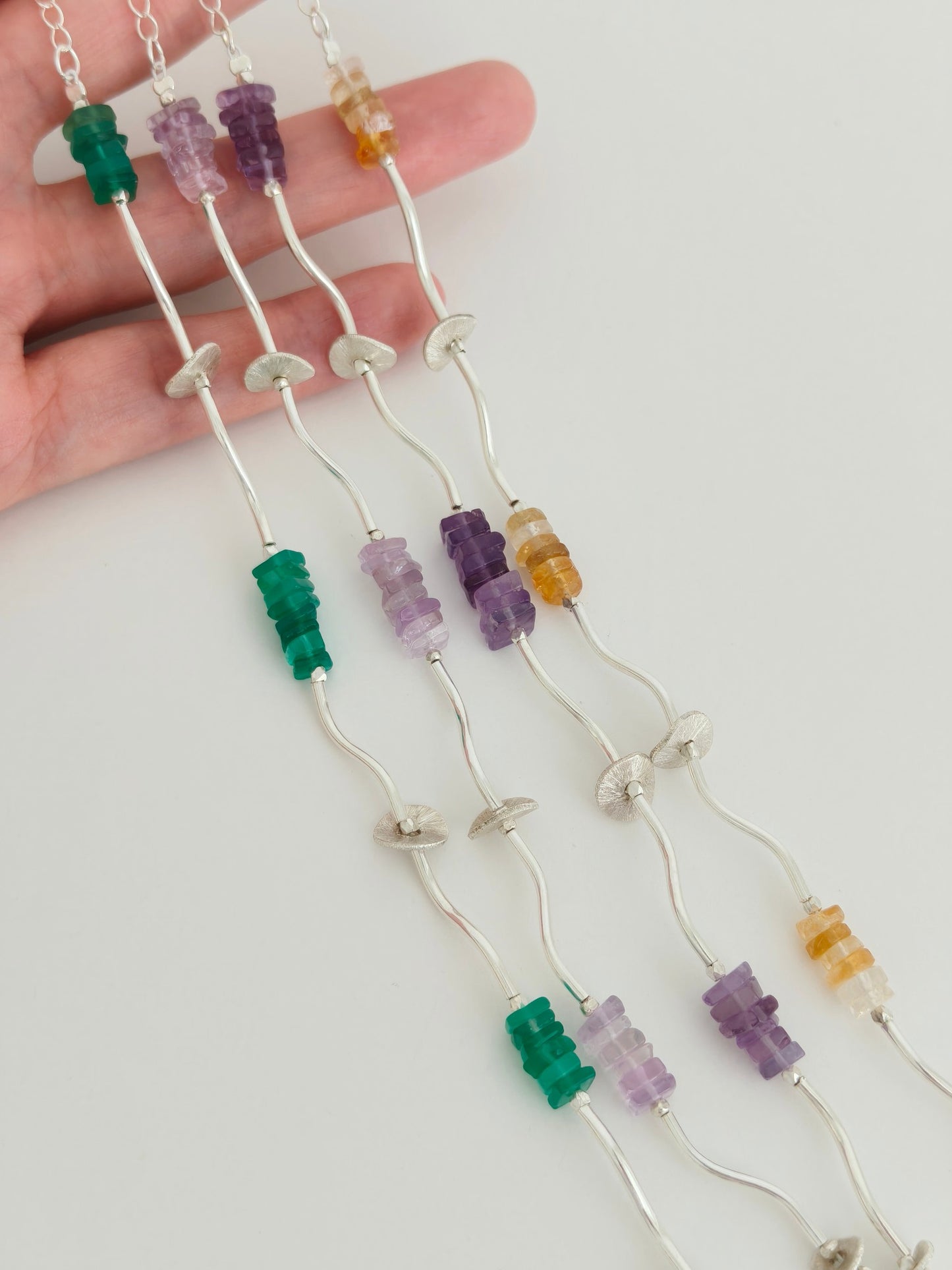 Handmade Silver Gemstone Bracelet – Rose Quartz, Citrine, Green Chalcedony, Amethyst | Adjustable Artisan Bracelet