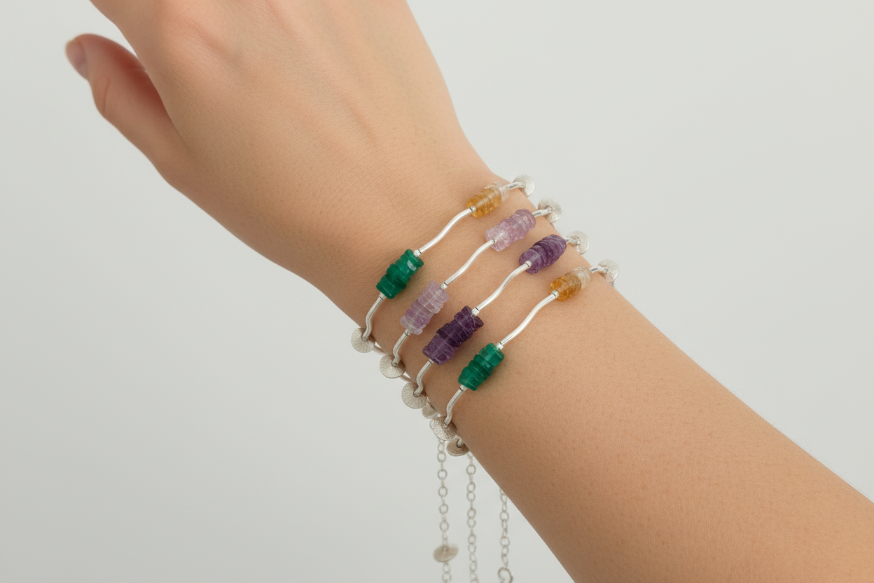 Handmade Silver Gemstone Bracelet – Rose Quartz, Citrine, Green Chalcedony, Amethyst | Adjustable Artisan Bracelet